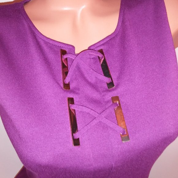 Ivank Trump Pencil Dress Size 4 Solid Purple Sleeveless Gold Hardware Criss Cros - Picture 3 of 12